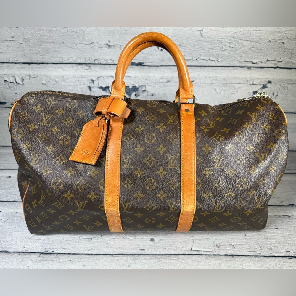 Louis Vuitton Keepall 50 Brown Monogram Canvas Leather Travel Duffle Bag